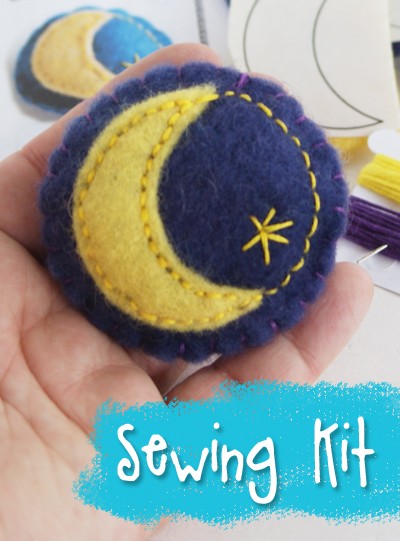 Crescent Moon Brooch Sewing Kit with hand dyed wool fetl from Muse of the Morning